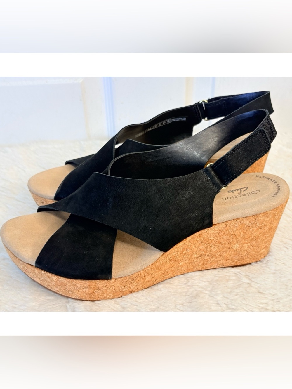 Clarks Annadel Eirwyn Cork Wedge Leather Sandal Black Nubuck Ortholite Size 11